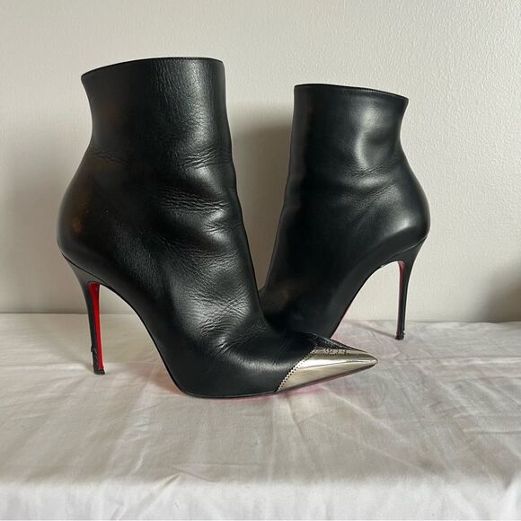 CHRISTIAN LOUBOUTIN Black Metal Toe Ankle Booties Calamijane 100mm Wingtip sz 37 - Picture 5 of 13